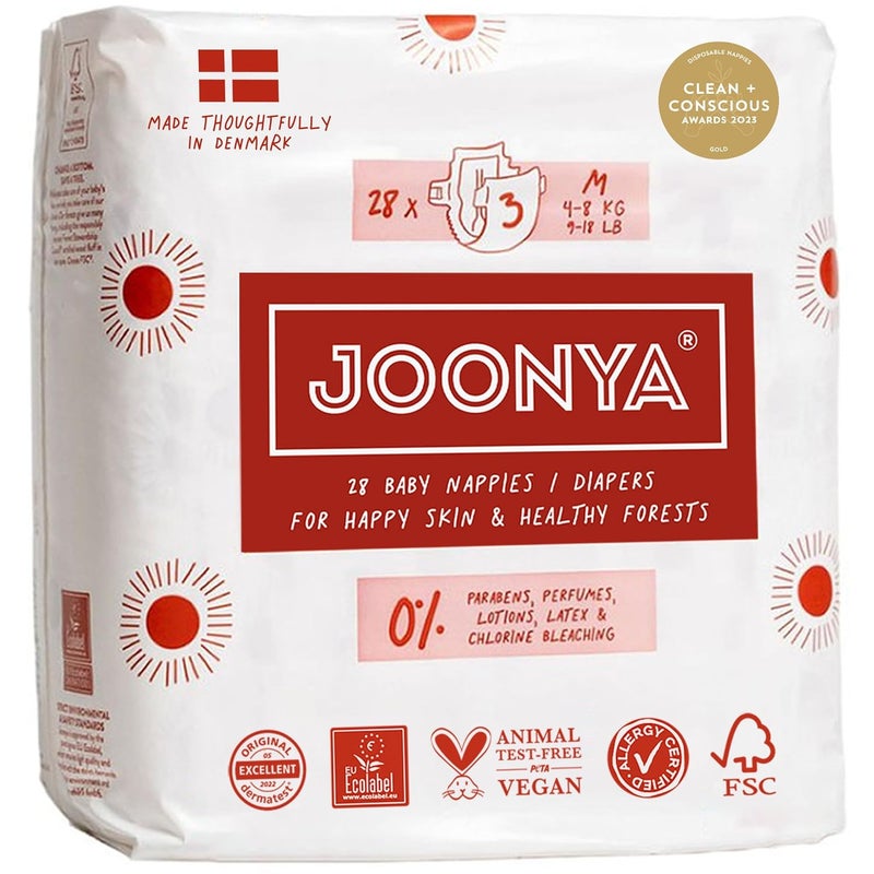 JOONYA Baby Diapers, Size 3 M (9-18 lb) - 1 Bag of 28 - New Range - NonToxic, Eco-Friendly, Ultra Slim, Overnight Use - Made in Denmark - Image 1